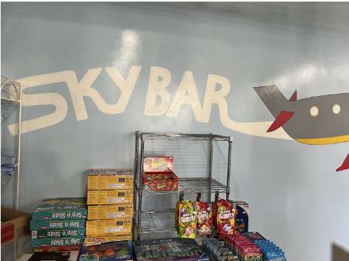 WSPN's Fiona Peltonen, Alex Evangelista and Jessica Dretler explore This mural can be seen upon entering the Skybar store including a display of the different confectionery items they sell.
